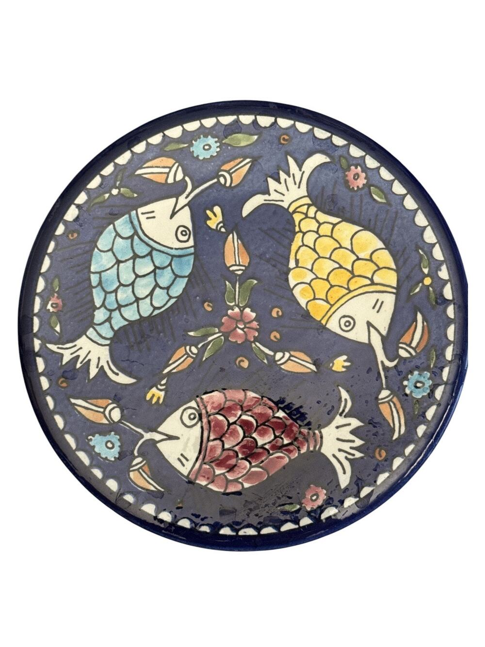 Armenian Folk Art Fish 9” Prosperity Plate Cobalt and Multicolor